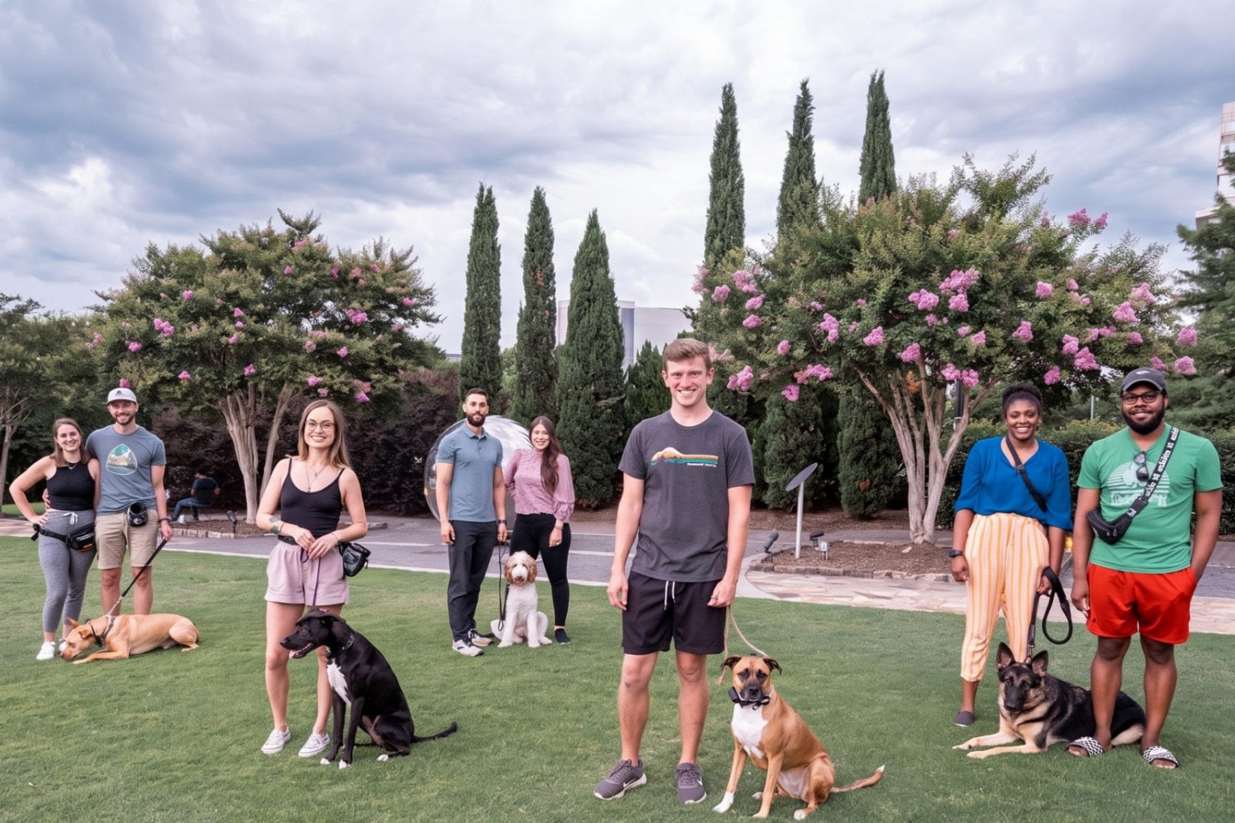 Obedient K9 Academy clients standing on a lawn in Charlotte with their trained dogs sitting and lying calmly at their sides